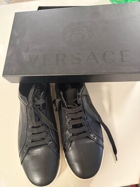 Versace Black Leather Low-Top Sneakers with White Sole,SZ 44